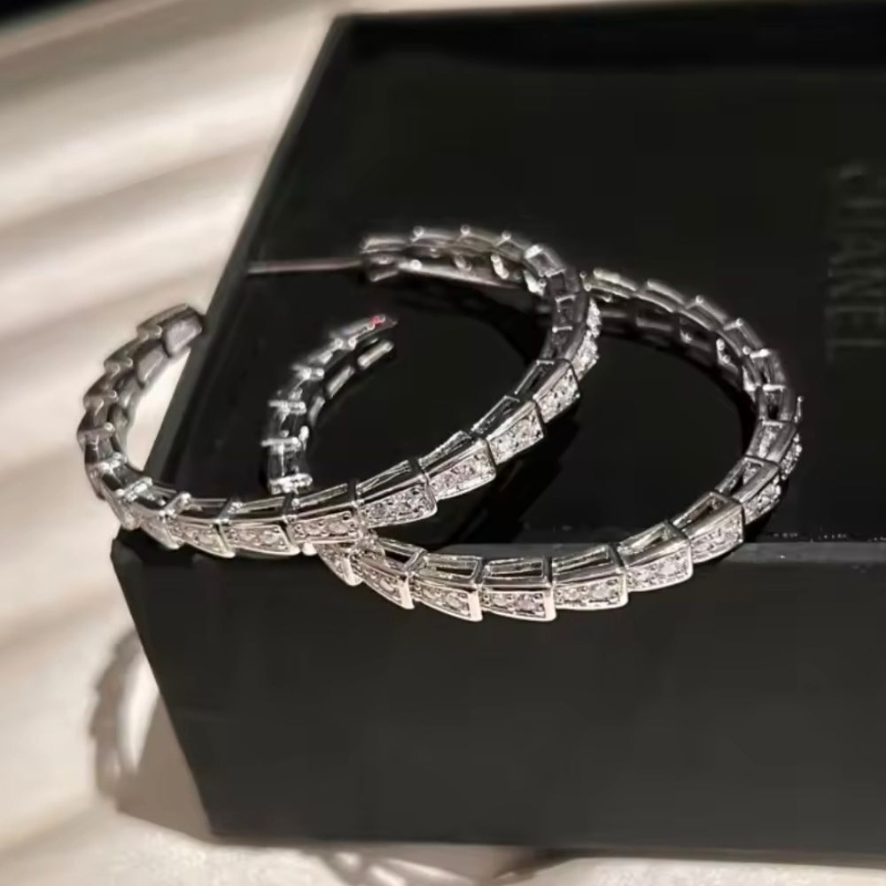 Silver Hoop Earrings Diamond Inlay